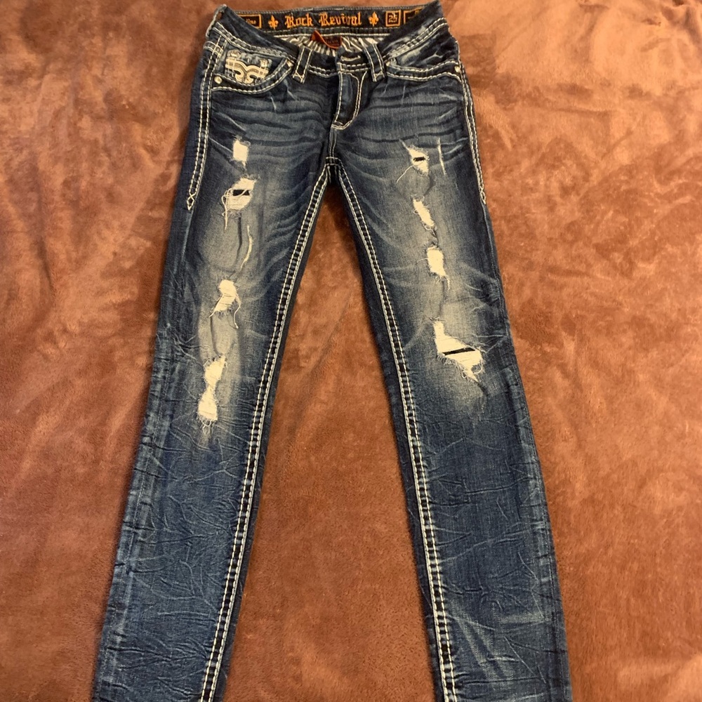 Long Dark Wash Mid- Rise Jeans w/ Rhinestones | Rock Revival